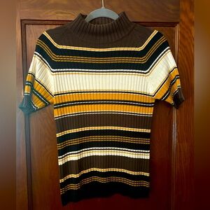 90's Vintage Epogee Striped Knit Mock Turtleneck Short Sleeve Top Brown Small